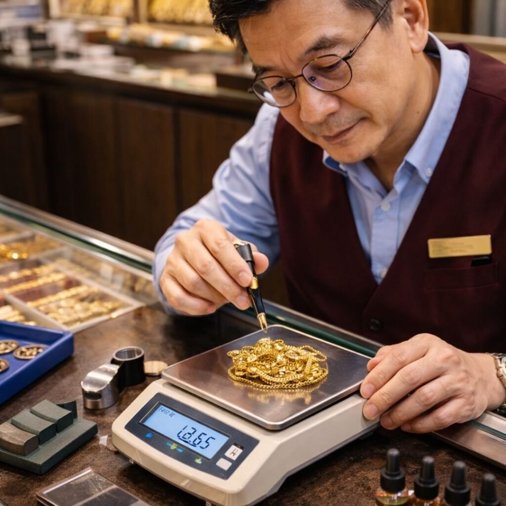 A pawnbroker carefully weighing gold jewelry on a digital scale while checking purity.