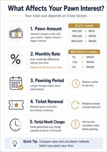 Factors affecting pawn shop interest in Malaysia, including pawn amount, monthly rate, pawning period, ticket renewal and partial-month charges - AIENB Pawnshop Malaysia