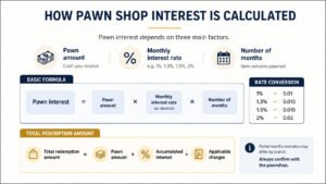 Pawn shop interest calculation in Malaysia showing the pawn amount, monthly interest rate, pawning period and total redemption formula - AIENB Kedai Pajak Gadai