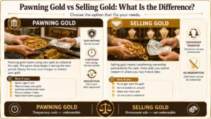 Pawning gold vs selling gold comparison showing the difference between redeemable gold pawn loans and permanent gold selling for cash - AIENB Kedai Pajak Gadai Emas