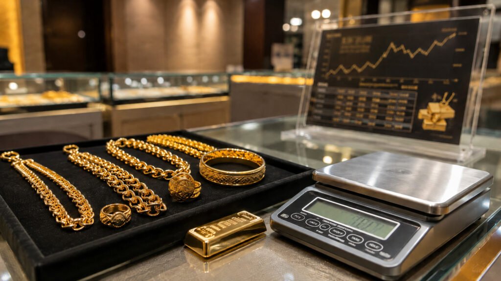 Gold jewellery valuation at a Malaysia pawn shop counter with chains, rings, bangles, gold bar and digital weighing scale - AIENB Gold Pawn Shop