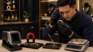 Asian pawnbroker testing gold jewellery with a loupe, acid test stone, magnet, digital scale and gold testing equipment in a modern pawn shop.