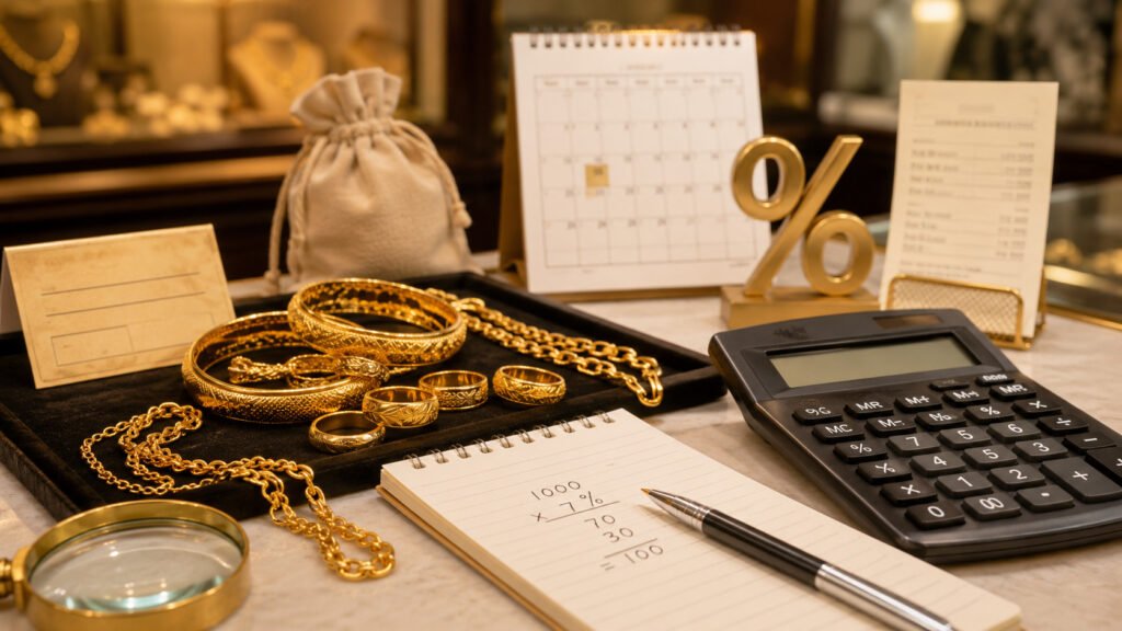 Pawn shop interest rates and calculation guide in Malaysia with gold jewellery, calculator, calendar and percentage symbol - AIENB Pajak Gadai