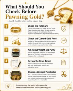 Gold pawn checklist showing what to check before pawning gold, including hallmark, gold price, weight, purity and pawn ticket details - AIENB Pawnshop