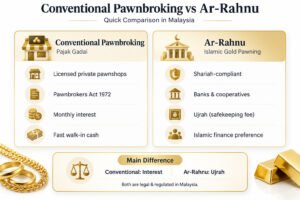 Conventional pawnbroking vs Ar-Rahnu in Malaysia infographic comparing gold pawn services, interest rates, ujrah safekeeping fees and key differences - AIENB Pawnshop