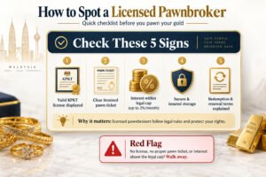 How to identify a licensed pawnshop in Malaysia with a valid KPKT licence, proper pawn ticket, legal 2% monthly interest cap and secure gold storage - AIENB Licensed Pawnshop